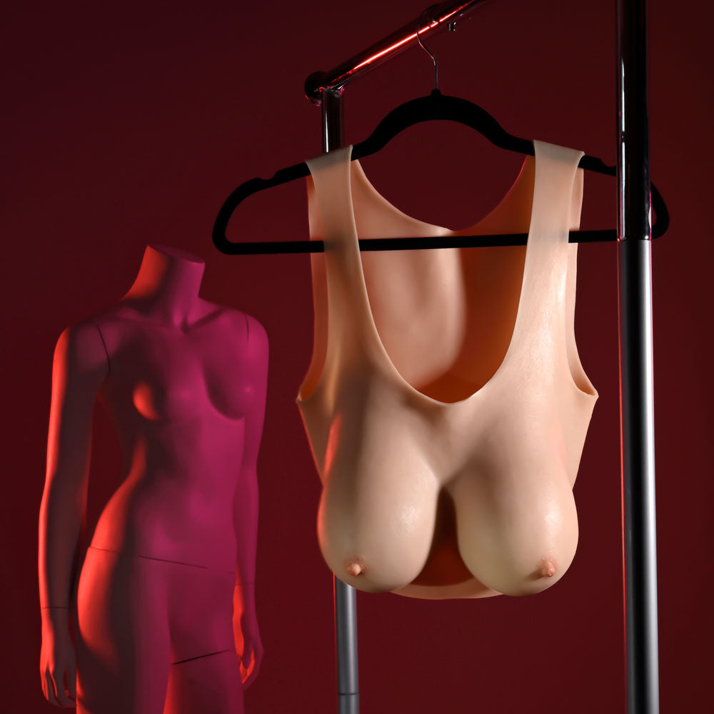 Gender X UNDERGARMENTS - PLATE D-CUP - Light -  Wearable Breasts - D-Cup Size on display with a mannequin.