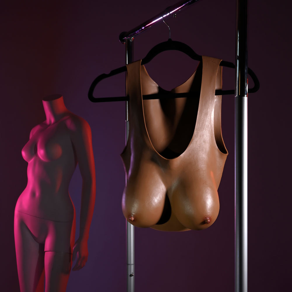 Gender X UNDERGARMENTS - PLATE D-CUP - Dark -  Wearable Breasts - D-Cup Size showcased on a hanger.