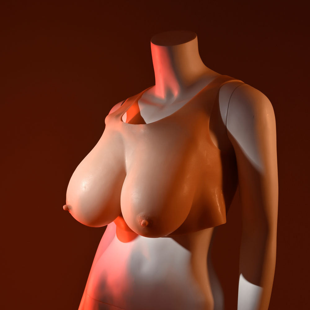 Lifelike mannequin showcasing Gender X undergarments with wearable breasts E-cup in soft silicone material.