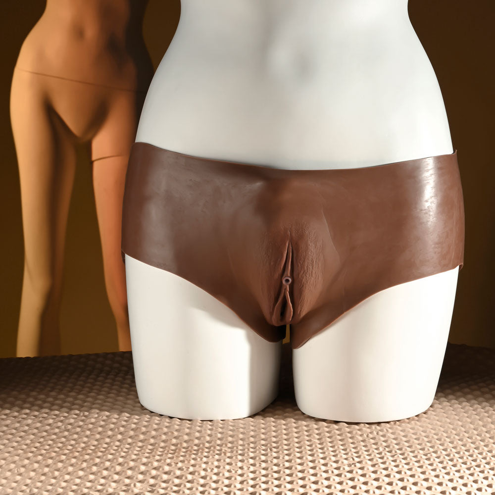Gender X UNDERGARMENTS - BRIEFS - Dark - Wearable Vagina Briefs displayed on a mannequin showcasing realistic design.