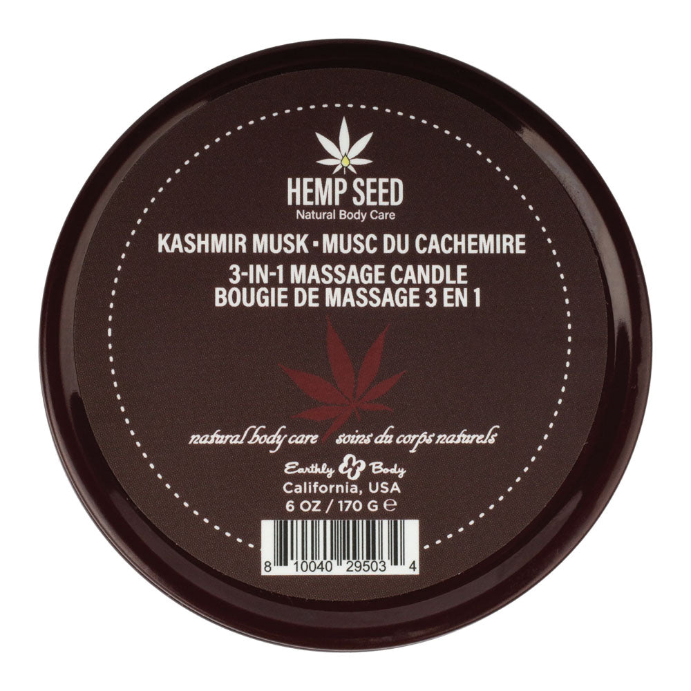Hemp Seed 3-In-1 Massage Candle - Kashmir Musk (Brandy, Magnolia & Vanilla Musk) - 170 g in a round container.