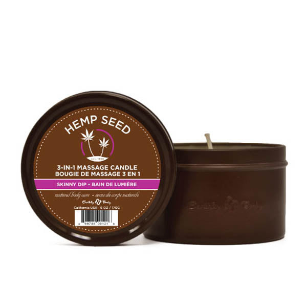 Hemp Seed 3-In-1 Massage Candle - Skinny Dip (Vanilla & Fairy Floss)- 170 g in a decorative container.