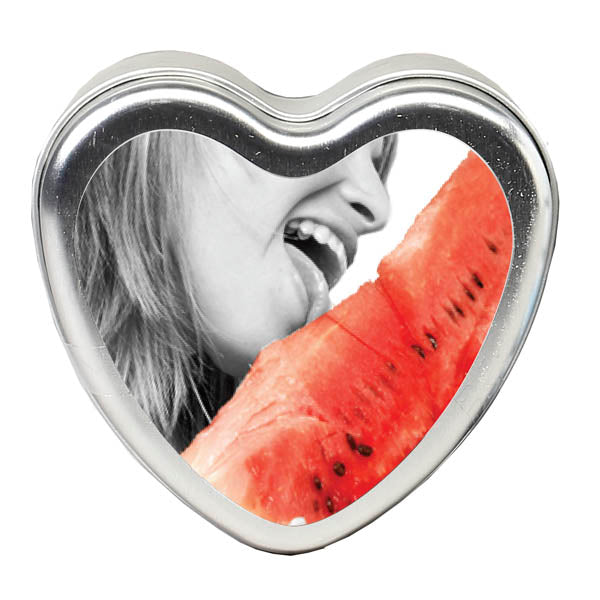 Edible Massage Candle - Watermelon Flavoured - 113 g in a heart-shaped tin with a playful watermelon theme.