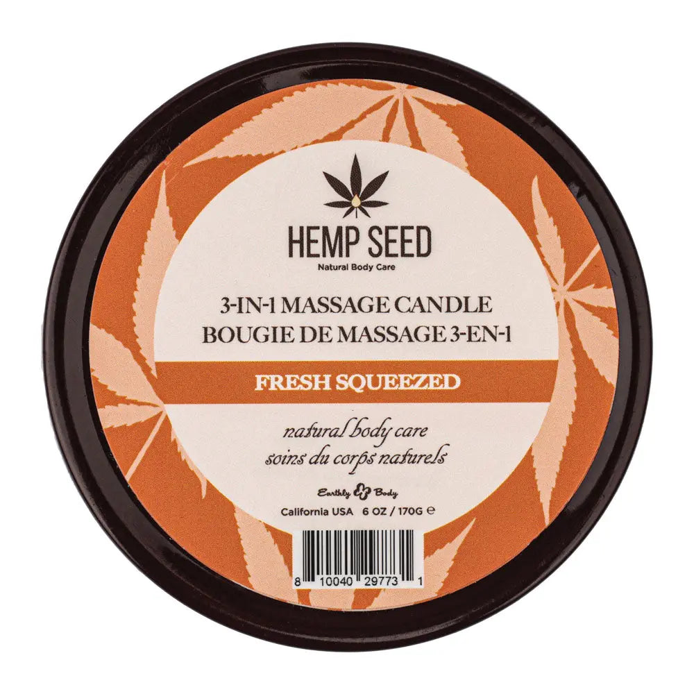 Hemp Seed 3-In-1 Massage Candle - Fresh Squeezed (Bitter Orange, Juicy Peach, Musk) Scented - 170 g Earthly Body Discreet Intimate Essentials.