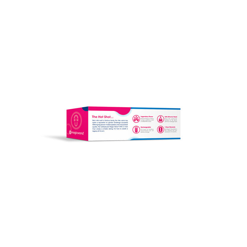 Magic Wand Mini -  Rechargeable Massage Wand packaging side view showcasing product features and descriptions.