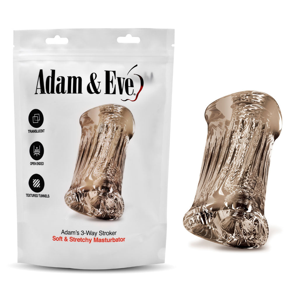 Adam & Eve Adam's 3-Way Stroker - Triple Hole Stroker in packaging, showcasing soft and stretchy design.