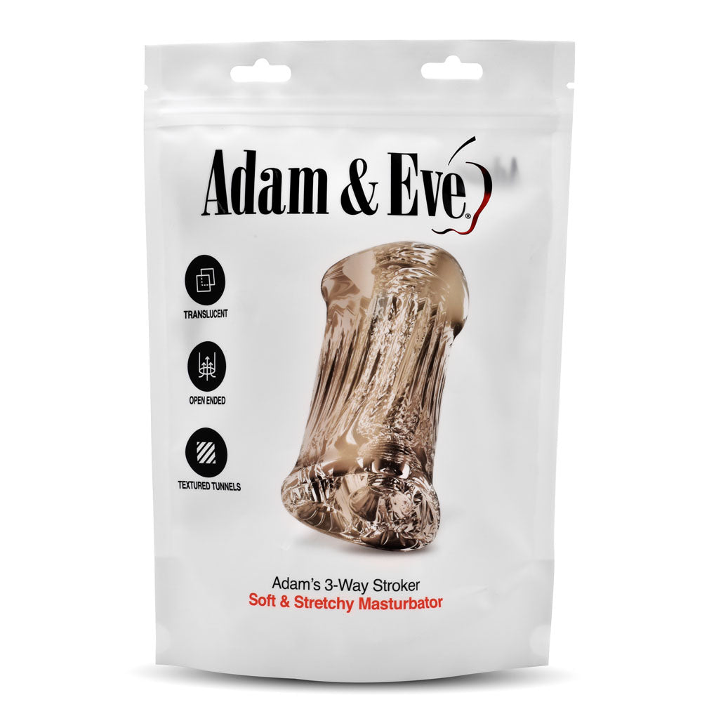 Adam & Eve Adam's 3-Way Stroker - Triple Hole Stroker soft and stretchy masturbator in translucent packaging