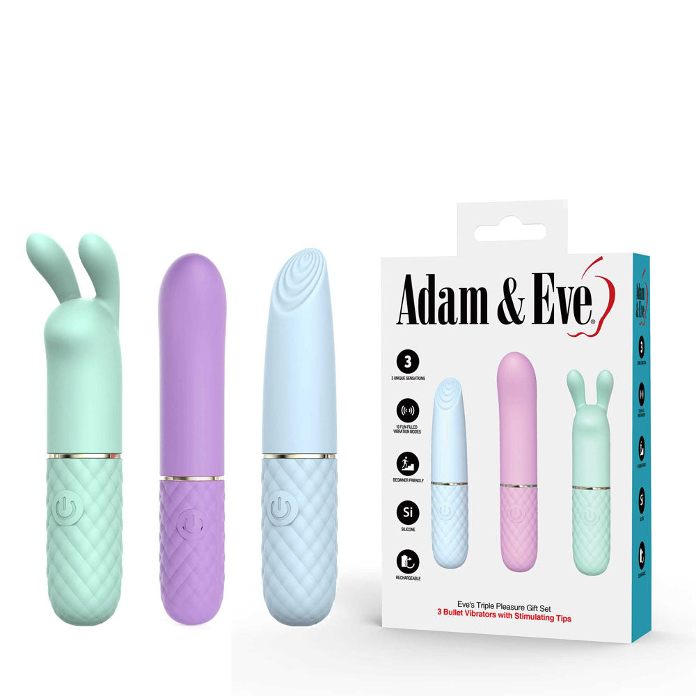 Adam & Eve TRIPLE PLEASURES - USB Rechargeable Vibrators - Set of 3 with vibrant colors and packaging.