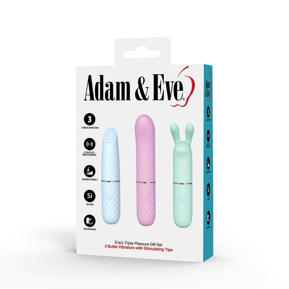 Adam & Eve TRIPLE PLEASURES -  USB Rechargeable Vibrators - Set of 3 featuring colorful bullet vibrators with stimulating tips.