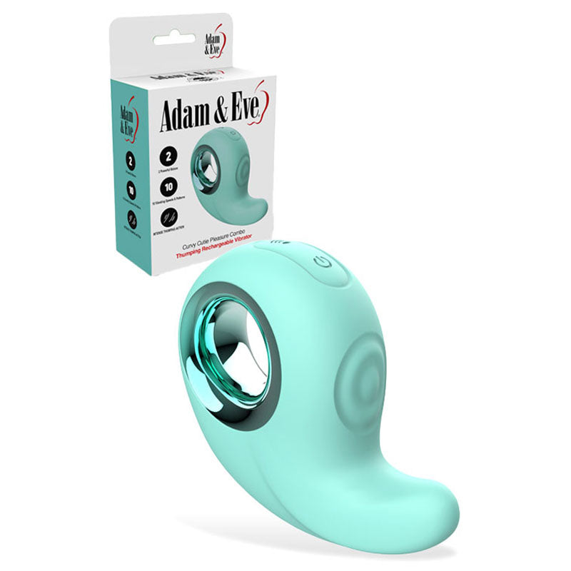 Adam & Eve CURVY CUTIE PLEASURE COMBO - Teal USB Rechargeable Tapping Stimulator next to its packaging.