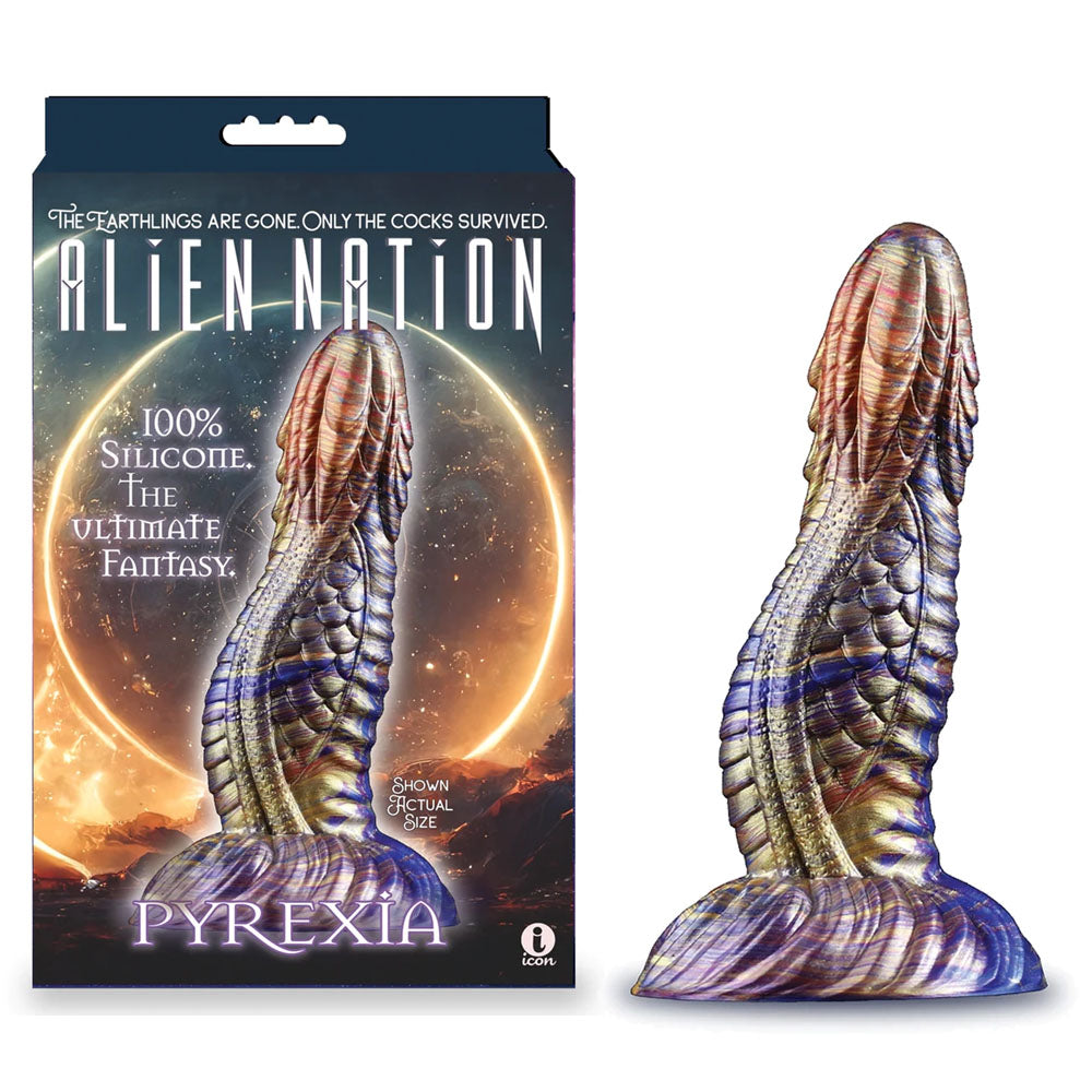 Alien Nation - Pyrexia - Metallic 17.8 cm Fantasy Dong packaging with vibrant design, highlighting its 100% silicone material.