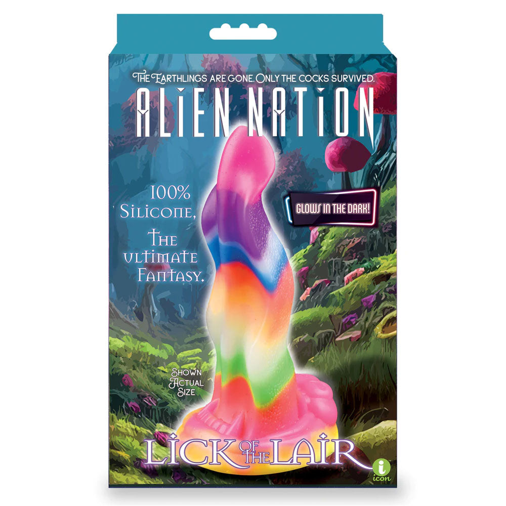 Alien Nation - Lick Of The Lair - Glow in Dark Rainbow 17.8 cm Fantasy Dong packaging with vivid colors and silicone material.