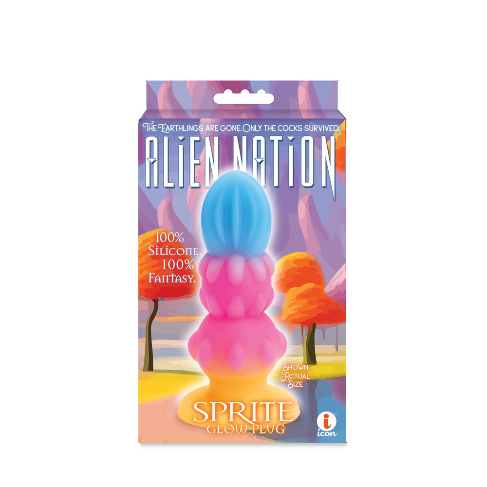 Alien Nation - Sprite - Glow in Dark 14 cm Fantasy Anal Plug packaging featuring vibrant colors and whimsical design.