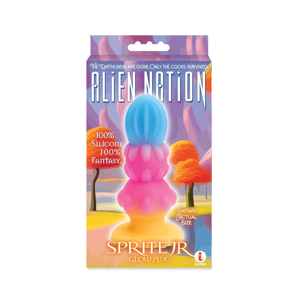 Alien Nation - Sprite Jr. - Glow in Dark 10.8 cm Fantasy Anal Plug packaging with colorful design.