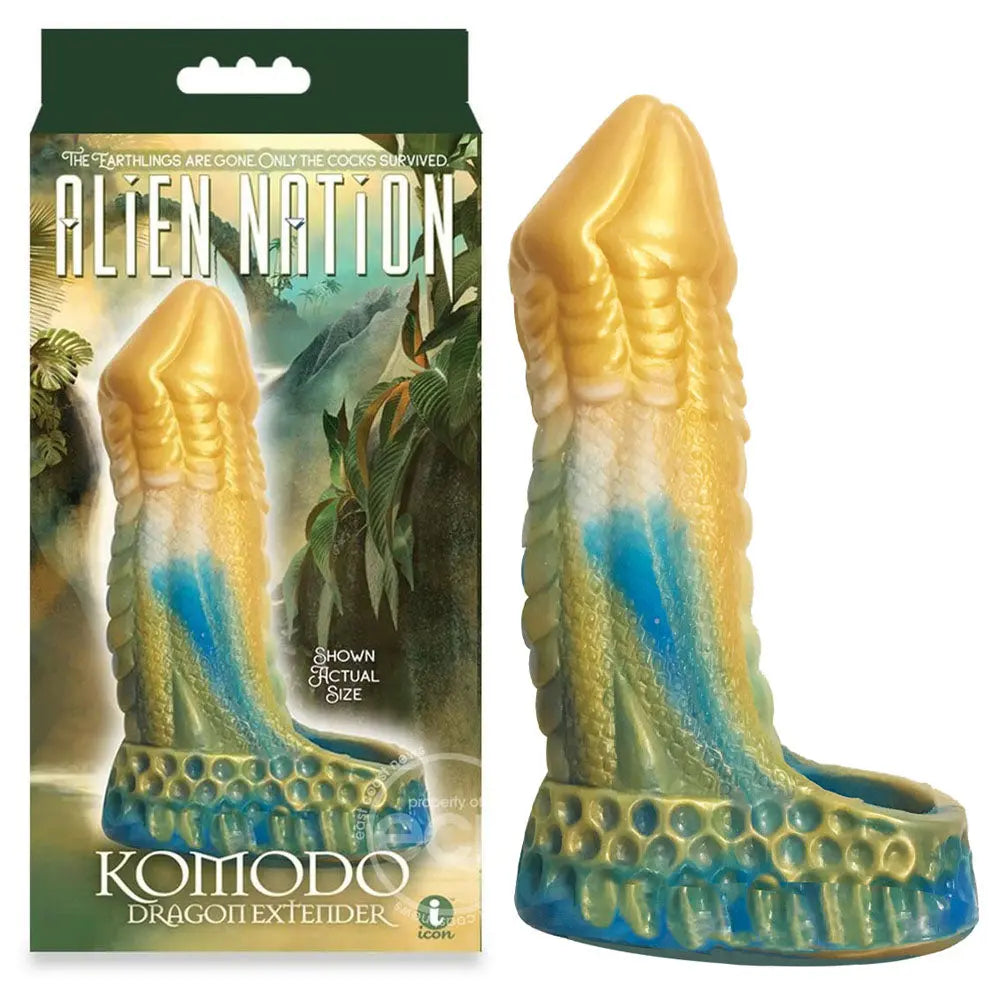 Affordable quality Alien Nation - Komodo - Blue/Gold 16.5 cm Penis Extender Fantasy Sleeve  from Icon Brands by Discreet Intimate Essentials with Discreet Delivery 