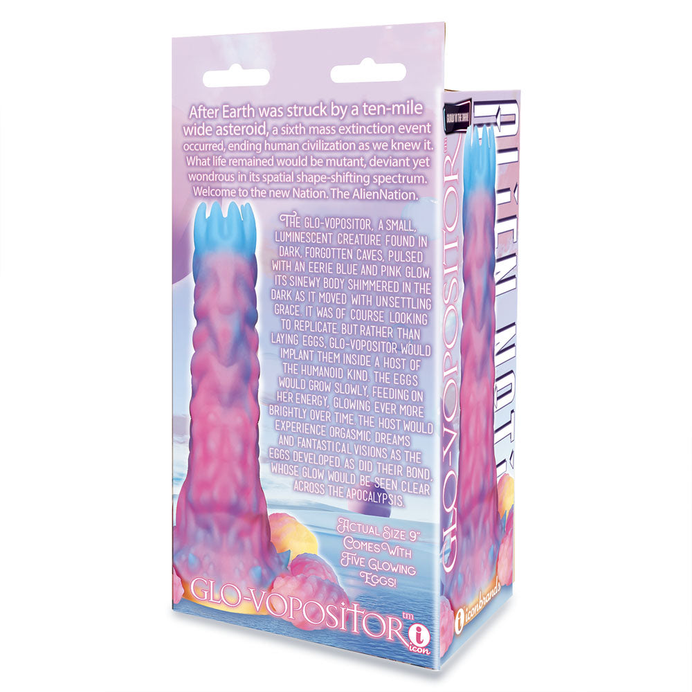 Alien Nation - Glovopositor - 22.9 cm Ovipositor Fantasy Dildo packaging with vibrant colors and glowing features.