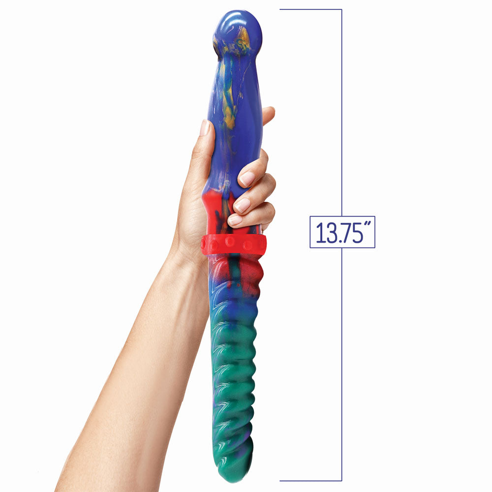 Alien Nation - Double Demon - 35 cm Fantasy Double Dildo held in hand with vibrant colors and measuring 13.75 inches.