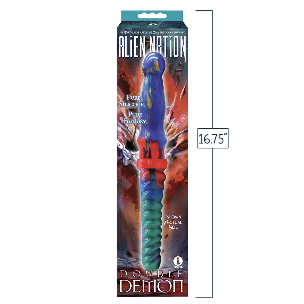 Alien Nation - Double Demon - 35 cm Fantasy Double Dildo featured in packaging with vibrant colors and dimensions.