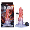 Alien Nation - Eruptor 22.9 cm squirting fantasy dildo shown next to its packaging and measurement syringe.