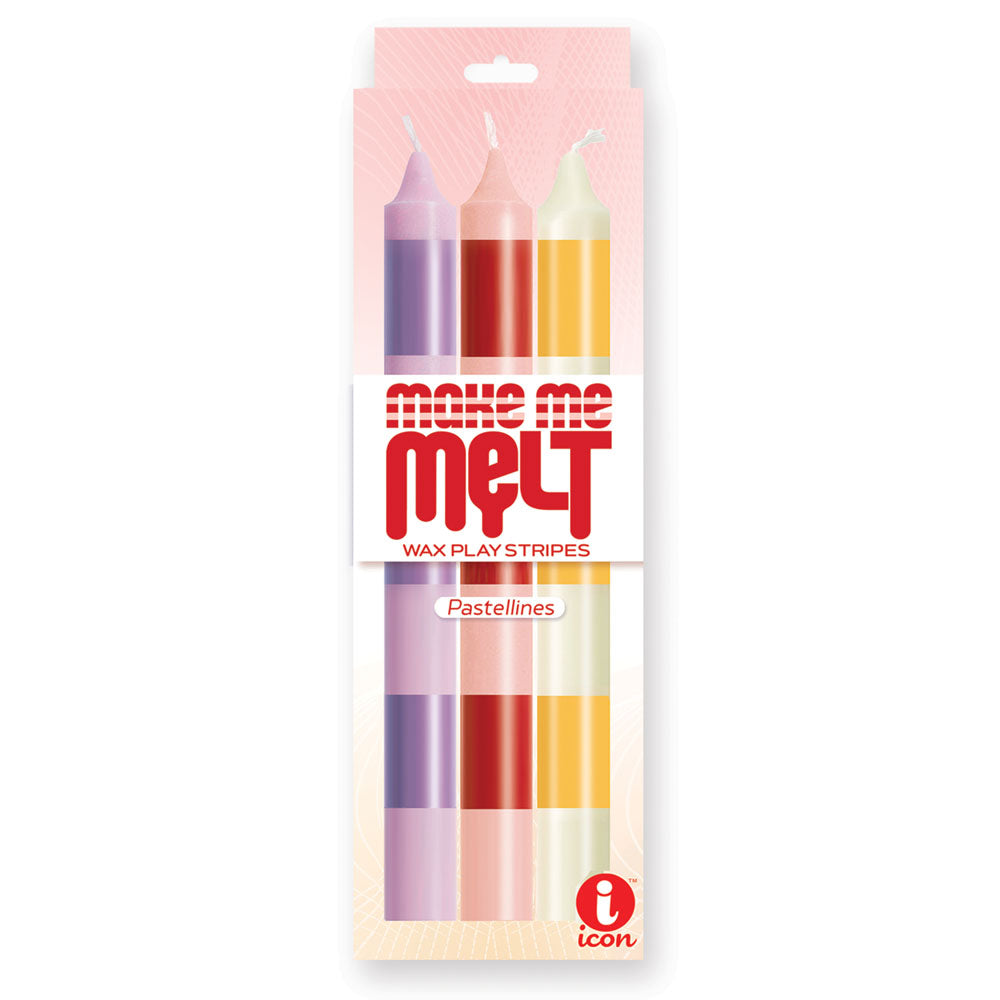 The 9's Make Me Melt Drip Candle 3-Pk - Pastellines - Pastel  Drip Candles - 3 Pack displayed in packaging.