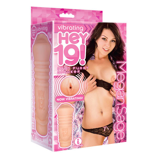 Hey 19! Megan Sage -  Teen Vibrating Vagina Masturbator packaging featuring vibrant colors and product details.