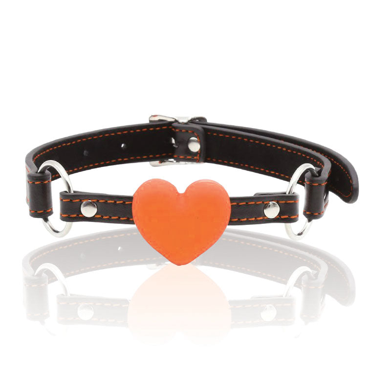 The 9's Orange Is The New , Heart Gag - /Orange Mouth Restraint with soft straps and heart-shaped gag.
