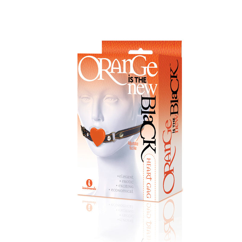 The 9's Orange Is The New , Heart Gag - /Orange Mouth Restraint packaging displayed on mannequin head.