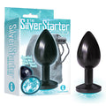 The Silver Starter anodised butt plug for beginners with aqua jewel and black velvet pouch.