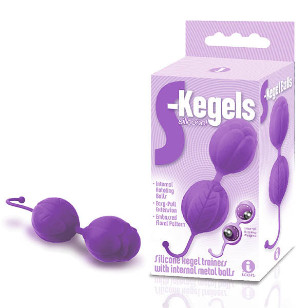The 9's S-Kegels - Silicone Kegel Balls with internal rotating metal weights in a purple floral design packaging.