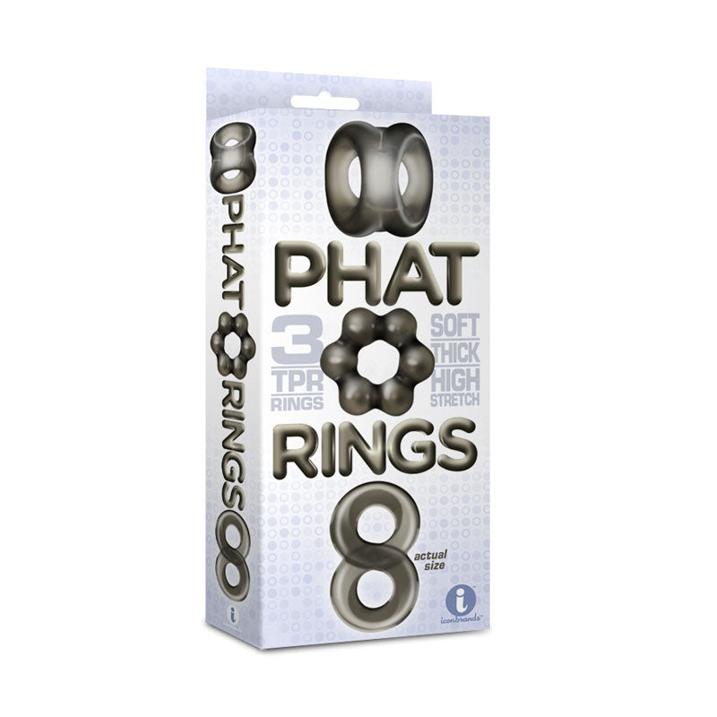 The 9's Phat Rings - Smoke Cock Rings - Set of 3 packaging featuring soft, thick, and stretchy TPR material.