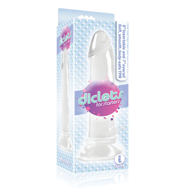 The 9's Diclets 7 inch dong with suction cup, smooth body-safe TPR, packaged in a colorful box.
