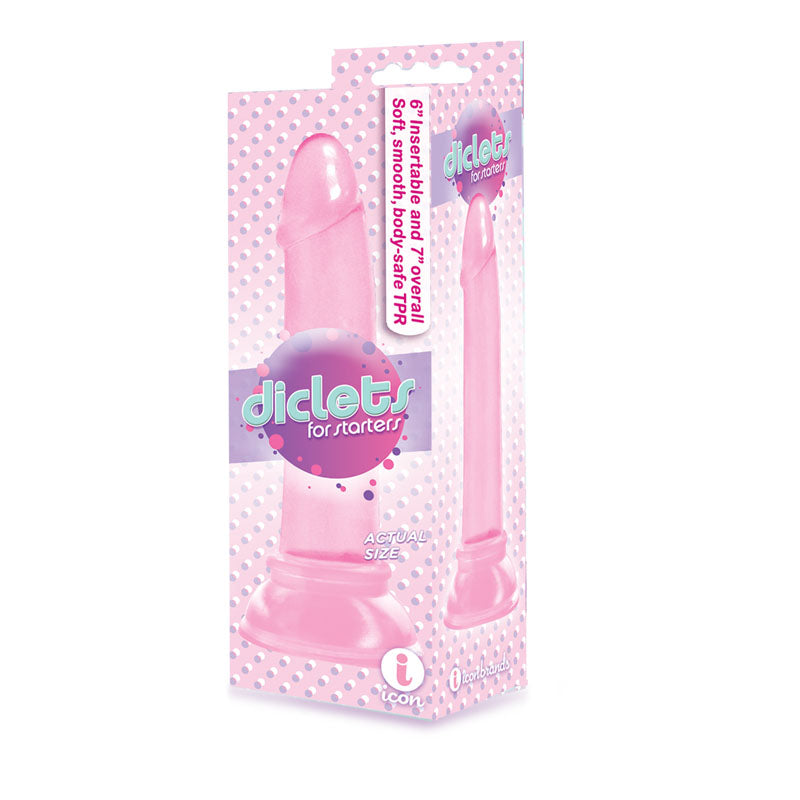 The 9's Diclets - pink dong with suction cup in soft jelly TPR packaging, showing insertable and overall size.
