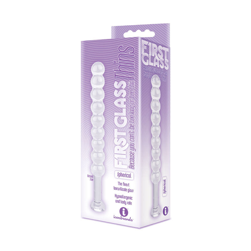 The 9's First Glass Thins, Spherical - Glass 17.8 cm Anal Beads packaging showcased for intimate essentials.