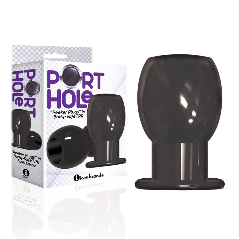 The 9's Port Hole, Hollow Butt Plug -  Hollow Butt Plug with packaging and product displayed elegantly.