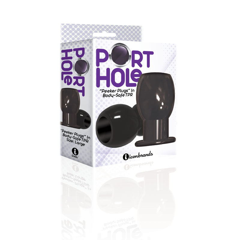 The 9's Port Hole, Hollow Butt Plug -  Hollow Butt Plug packaging with black plug and design elements.
