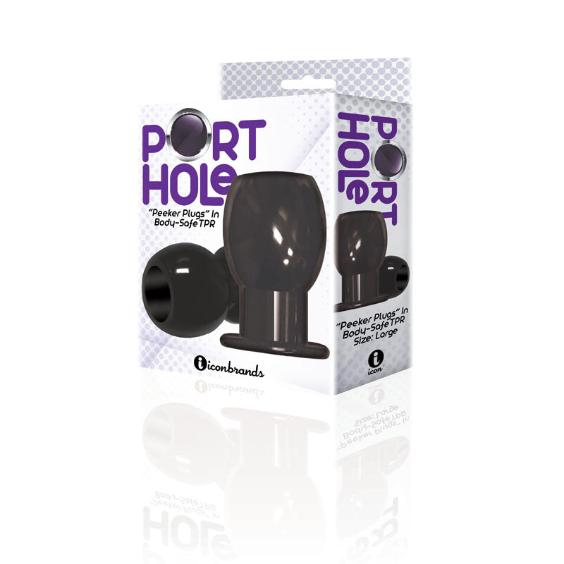The 9's Port Hole, Hollow Butt Plug -  Hollow Butt Plug packaging showing peeker plugs in body-safe TPR.
