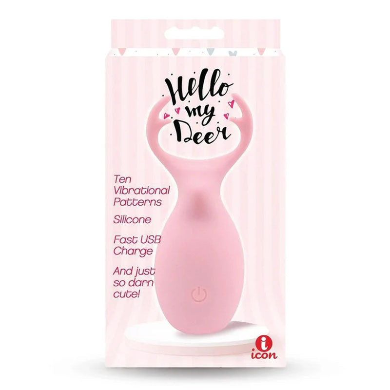 Buzzy Buddy, Hello My Deer -  -  USB Rechargeable Stimulator packaging with ten vibrational patterns and silicone design.