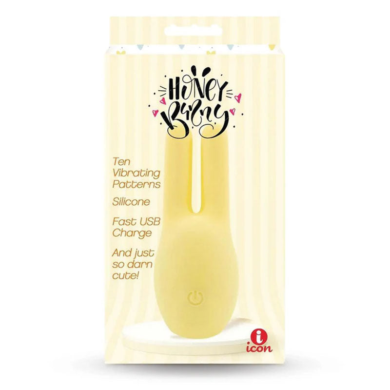 Buzzy Buddy, Honey Bunny -  -  USB Rechargeable Stimulator packaging displaying ten strong vibrational patterns and a yellow silicone design.