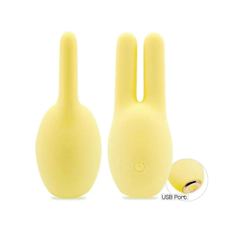 Buzzy Buddy, Honey Bunny -  -  USB Rechargeable Stimulator in yellow, showcasing powerful vibrational patterns and USB port.