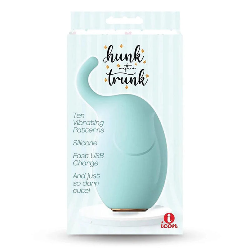 Buzzy Buddy, Hunk With A Trunk - Aqua - Aqua USB Rechargeable Stimulator packaging with features listed.