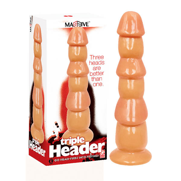 Massive Triple Header - Flesh 3 Dick Head Dildo displayed next to its packaging, showcasing its unique design for intimate essentials.