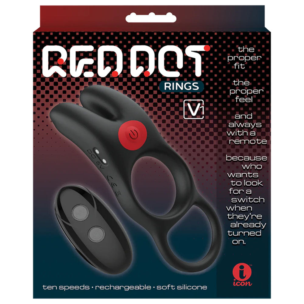 Red Dot Rings V1 USB rechargeable vibrating cock ring packaging with remote and features overview.