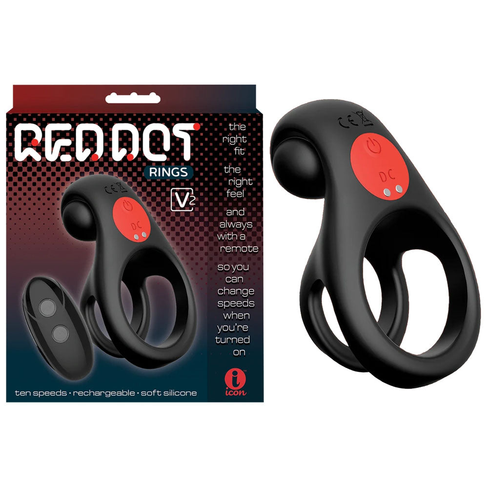 Red Dot Rings - V2 USB rechargeable vibrating cock ring with remote and soft silicone design.