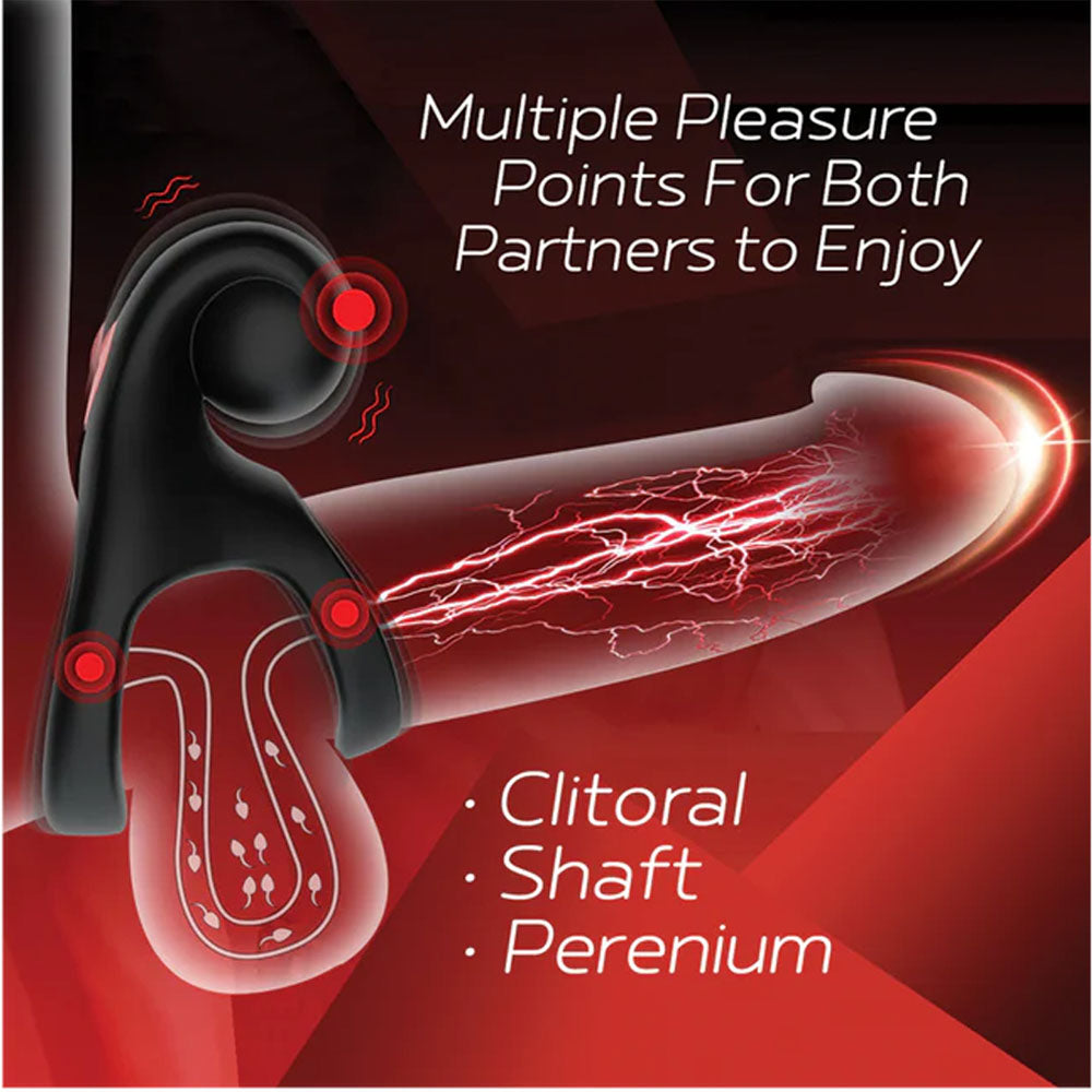 USB rechargeable vibrating cock ring with multiple pleasure points for clitoral, shaft, and perineum stimulation.