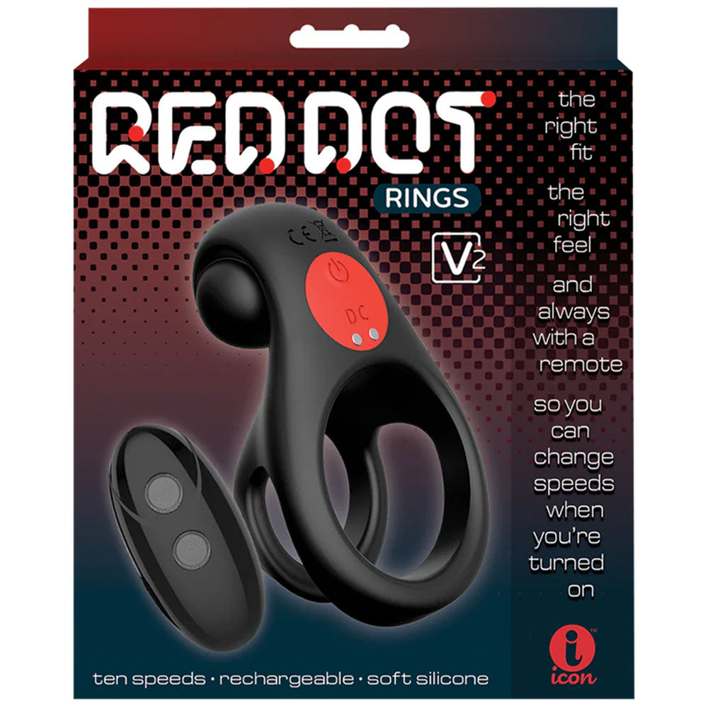 Red Dot Rings V2 USB rechargeable vibrating cock ring on packaging with remote control and specifications.