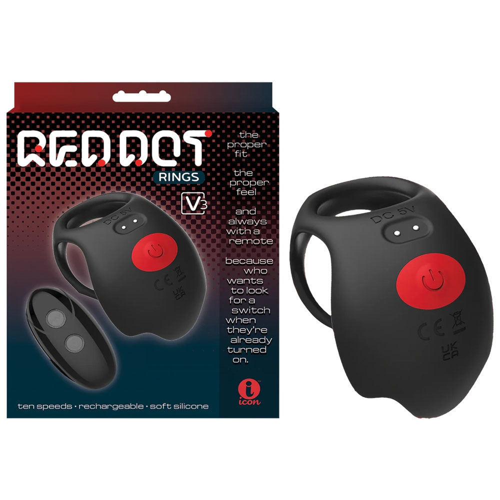 Red Dot V3 USB rechargeable vibrating cock and ball ring with remote control and ten speed settings.