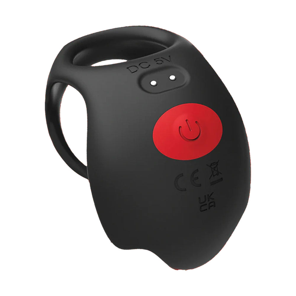Close-up of a Red Dot V3 vibrating cock and ball ring, featuring a red power button and ergonomic design.