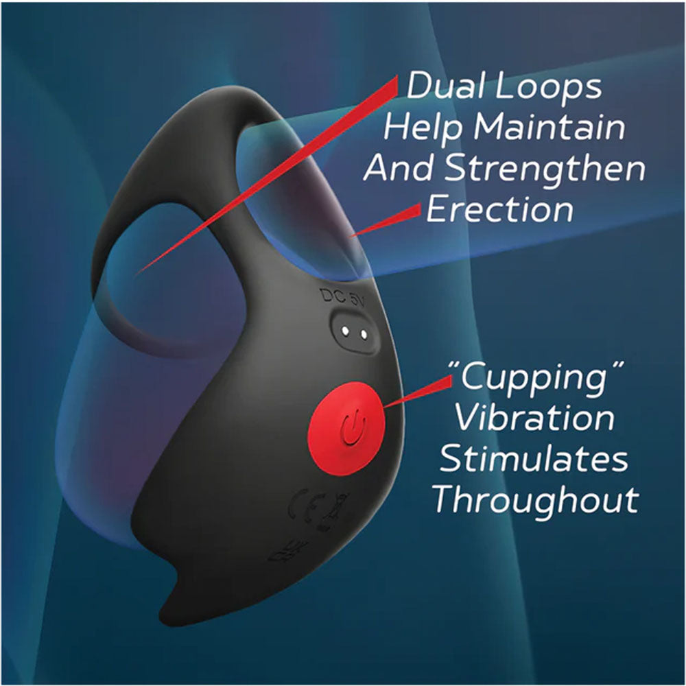 Red Dot V3 vibrating cock and ball ring features dual loops for maintaining erection and stimulating vibrations.