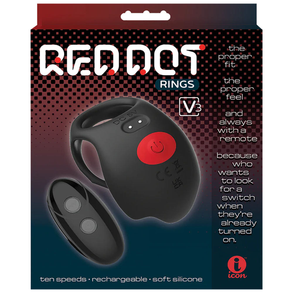 Red Dot V3 USB rechargeable vibrating cock and ball ring with remote, featuring ten speeds and soft silicone design.