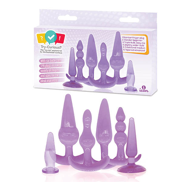 Try-Curious anal plug kit set featuring six TPR anal toys in purple for beginners and advanced users.